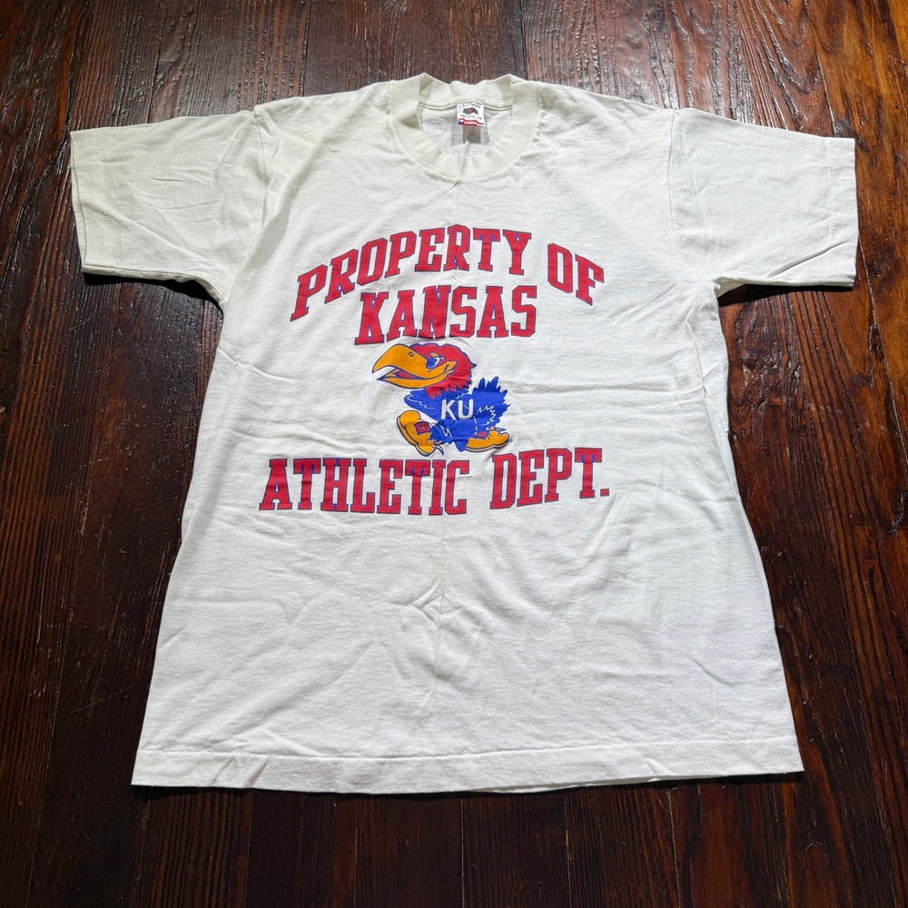 Vintage 90s Kansas Jayhawks Shirt Mens L White Single Stitch USA Sports FOTL